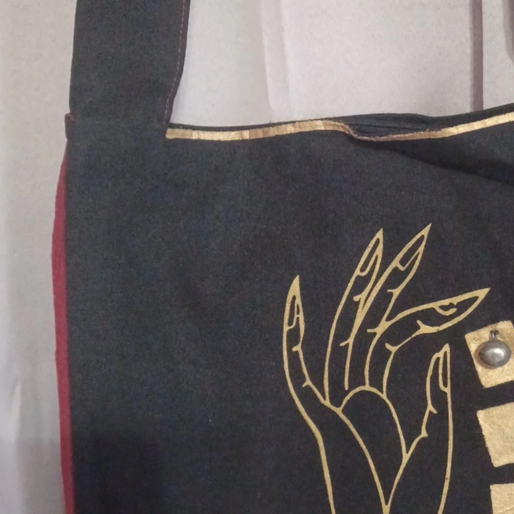 Boho Black Henna Hand Textile Shoulder Bag, Festival, Yoga